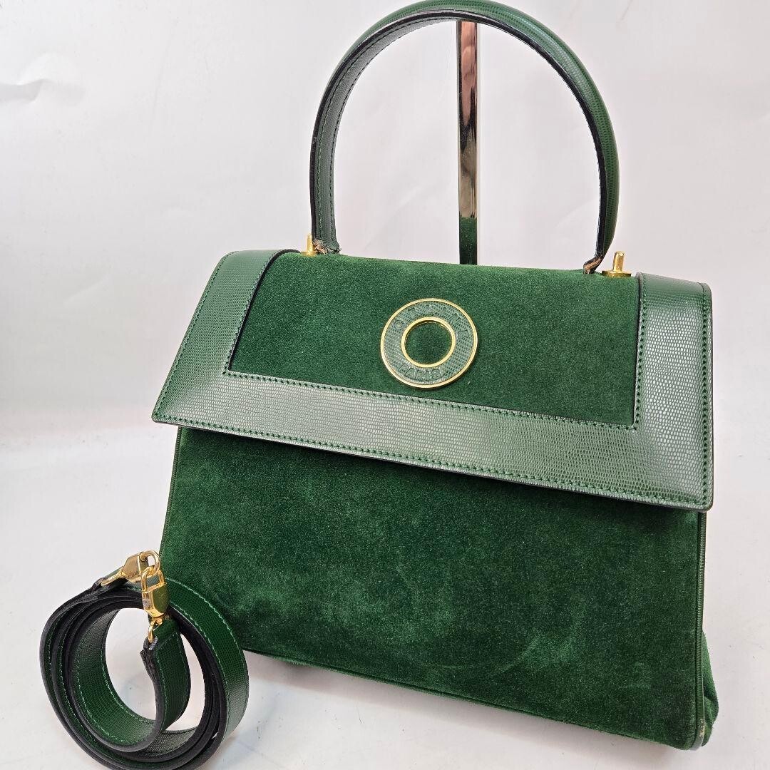 CELINE Handbag Leather Suede Circle Green Vintage Authentic From Japan