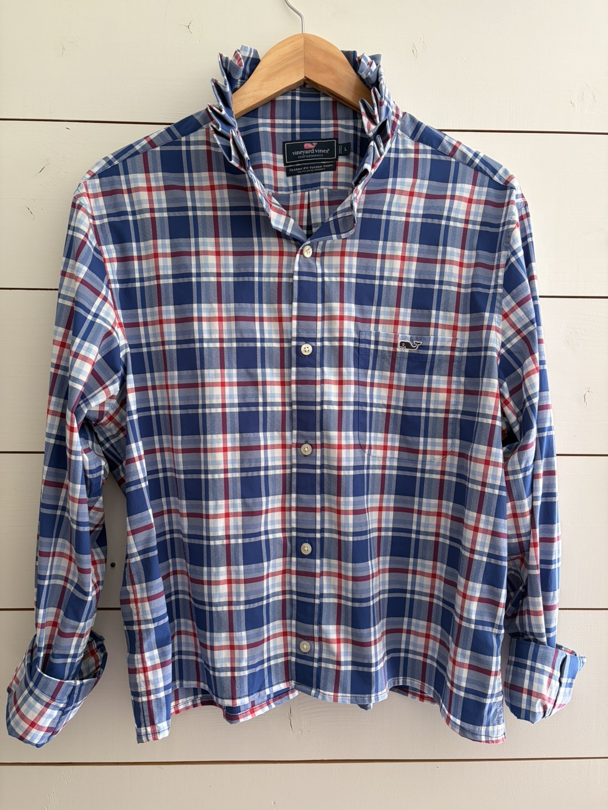 Viral Reworked Upcycled VINEYARD VINES Red Plaid Shirt Ruffle Collar, Large