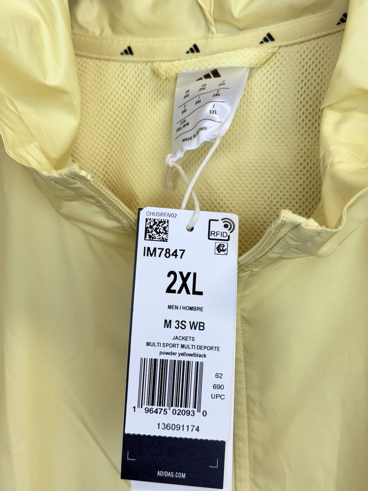 New adidas Essentials Woven 3-Stripes Windbreaker Jacket Men’s 2XL IM7847 Yellow