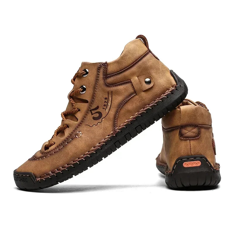 Men Hand Stitched Leather Walking Shoes Lace Up Non Slip Casual Outdoor Sneakers