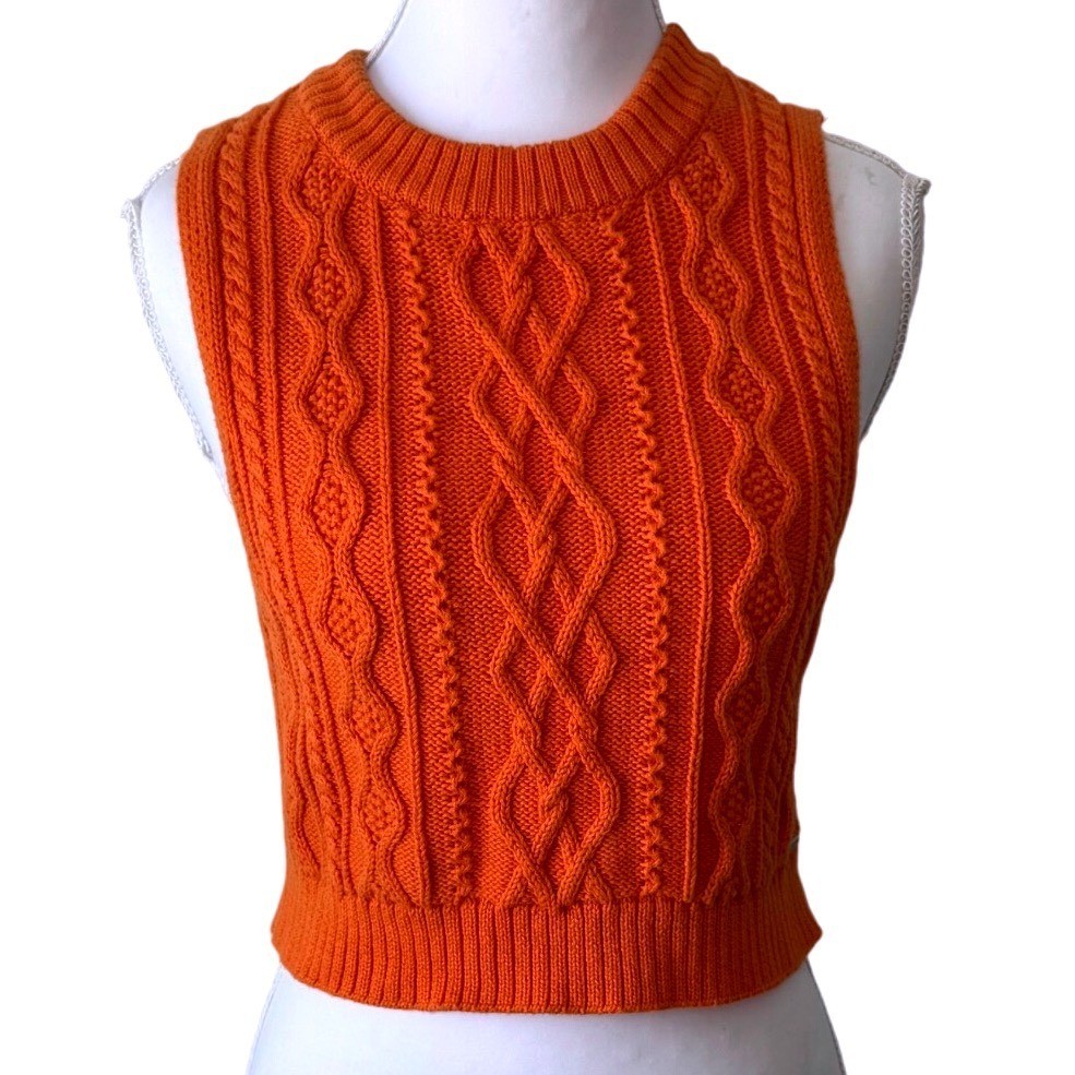 Pull&Bear Pacific Republic Orange Cable Knit Cropped Sweater Vest Preppy Small