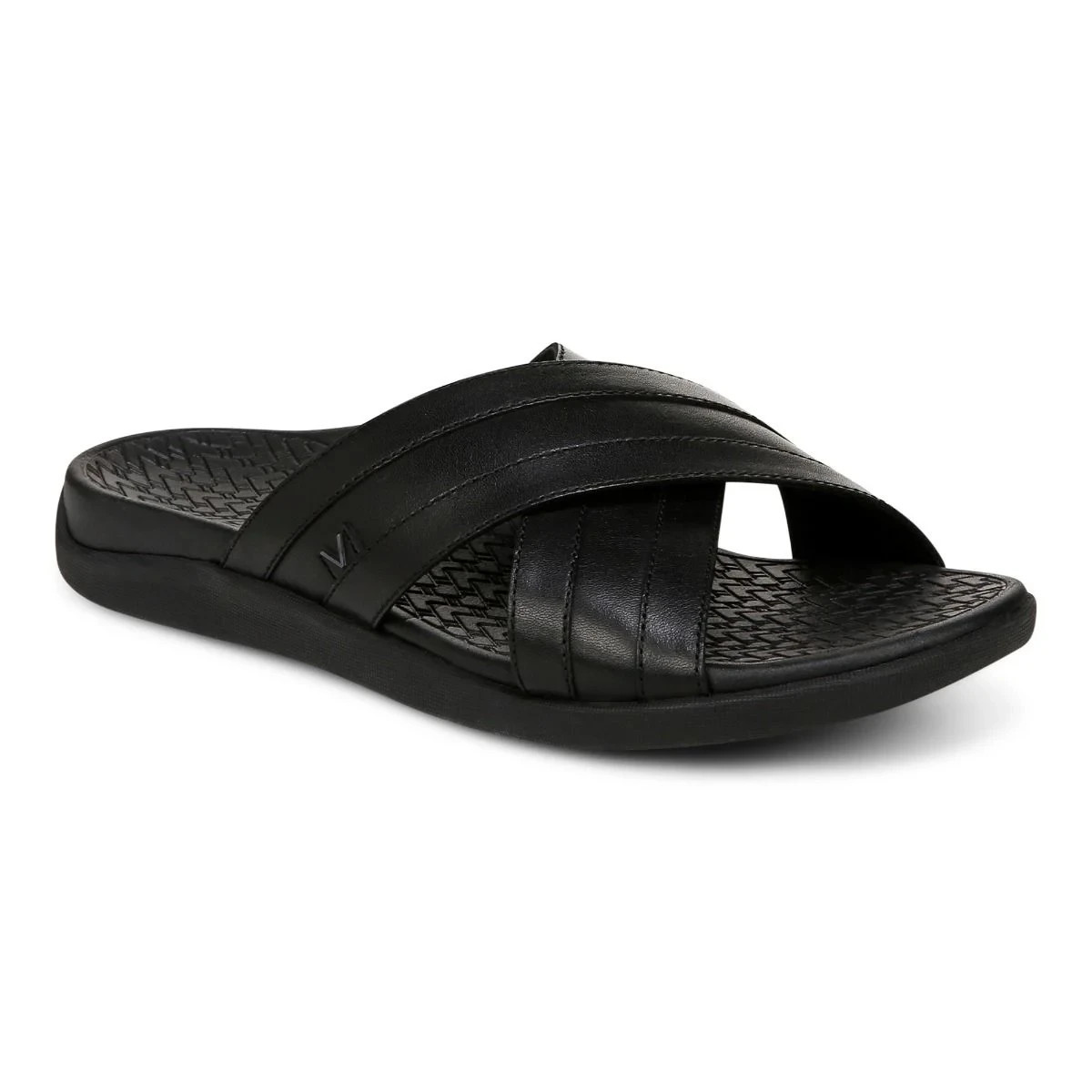 Vionic Tide Men Slide Sandal Orthotic Adjustable Walking Black Leather Shoes New
