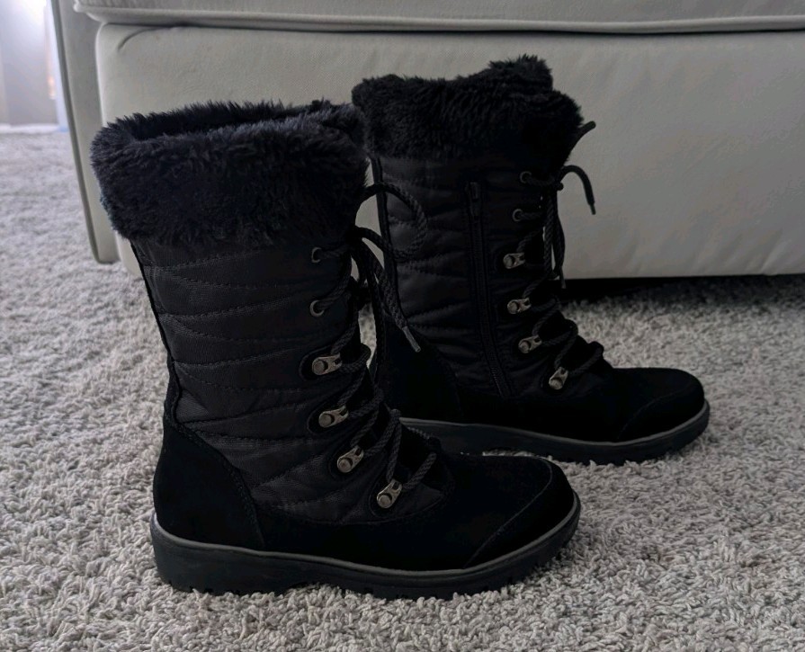 Baretraps Black Leather Faux Fur Trim Lace-Up Mid-Calf Round Toe Boots 6.5M