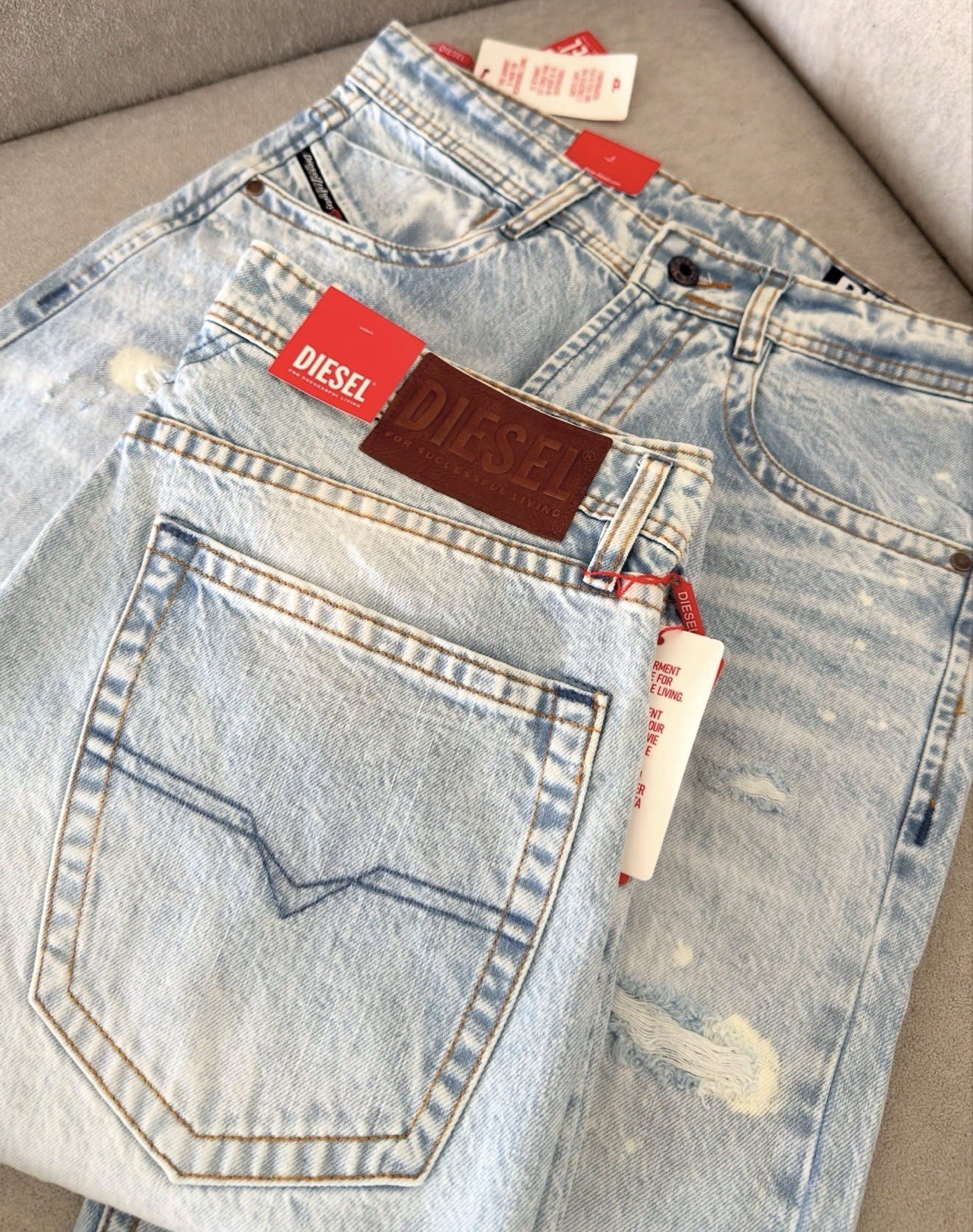 Diesel Men’s Light Blue Light Wash Distressed Skinny Denim Jeans, Mid Rise