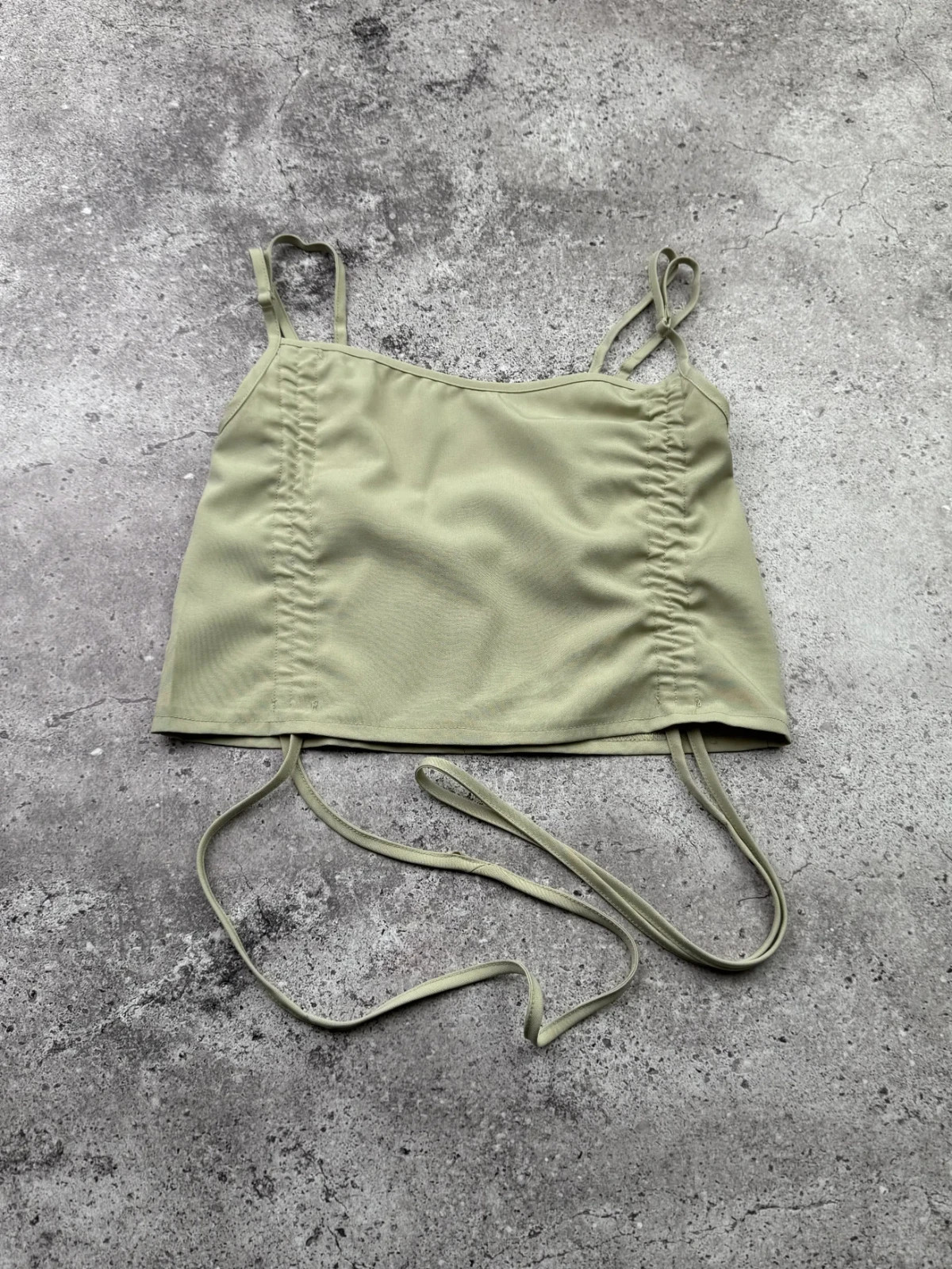 Y2K Women’s Olive Green Cami Tank Top Ruched Tie Side Crop Camisole Vintage