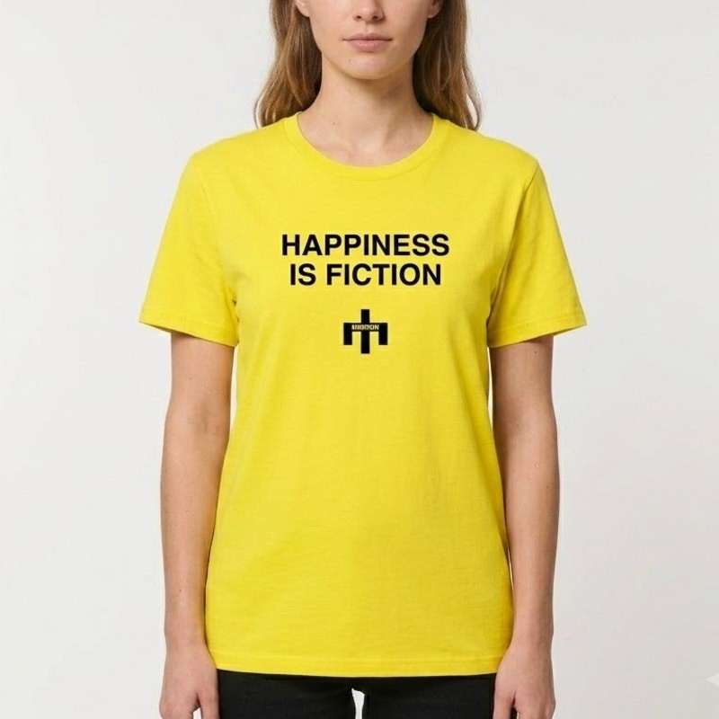 Anvil Graphic T-Shirt Happiness Is Fiction Short Sleeve Tee Yellow Womens Size S