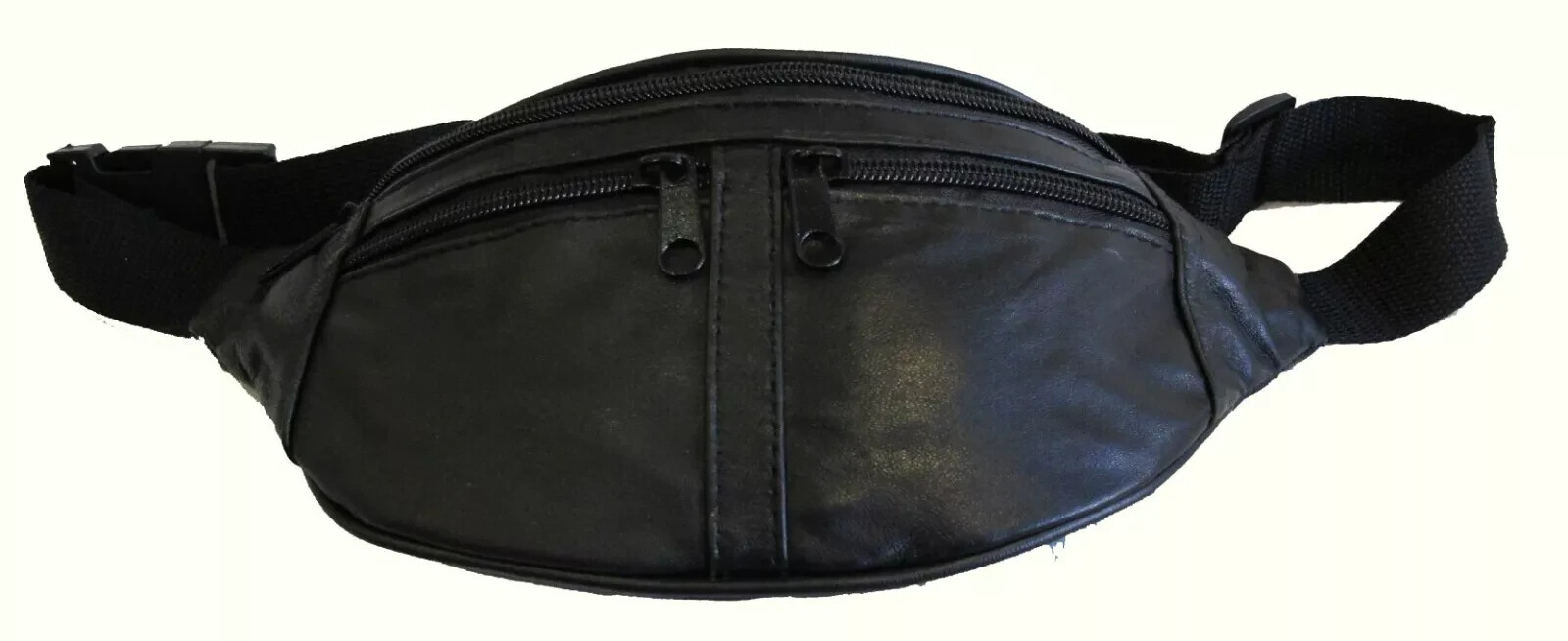 Small 4 Zipper Pocket Soft Lamb Leather Fanny Pack 48″ Long Waist Bum Bag -BLACK