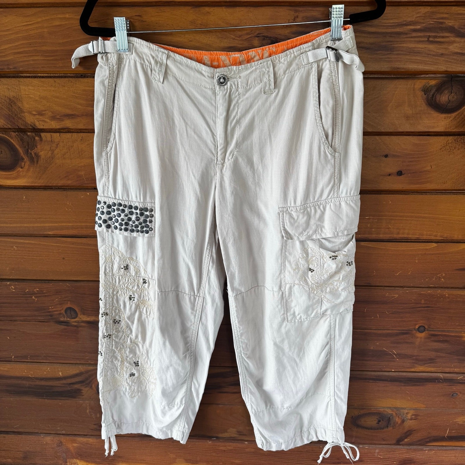 VTG Y2K DANANG Masti Oat Silk Medium Rise Embroidered Cargo Capri Pants Size M