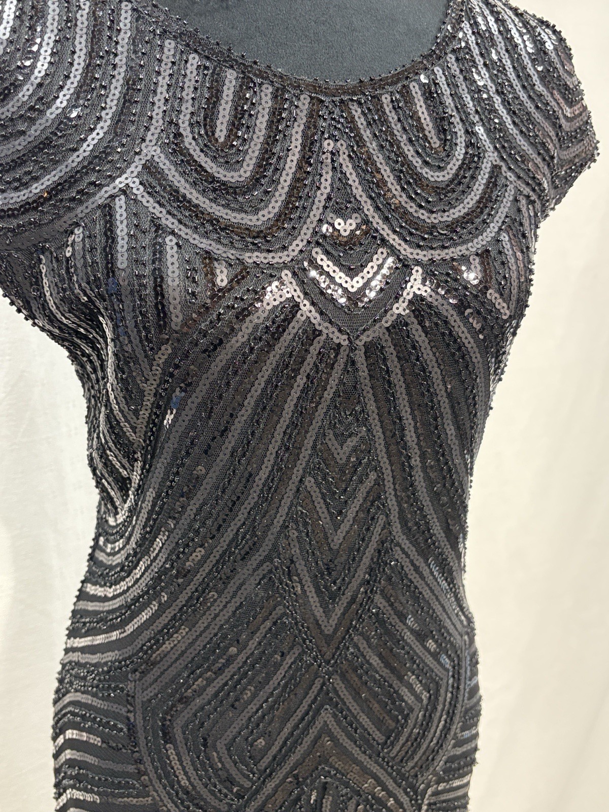 Black Sequin Fringe Midi Dress with Art Deco Beading and headpiece party costume