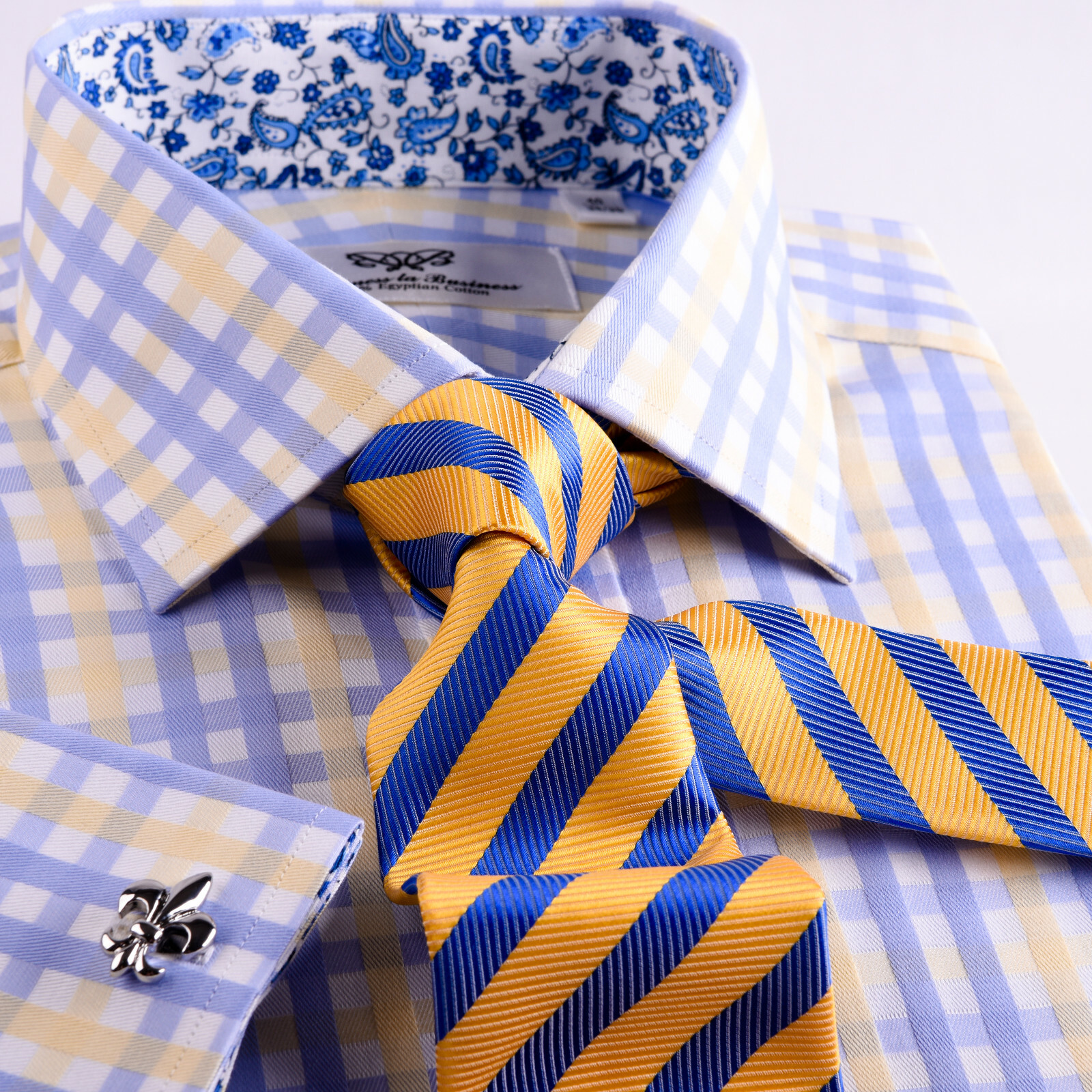 Mens Blue & Yellow Check Formal Business Dress Shirt Italian Floral Paisley Boss