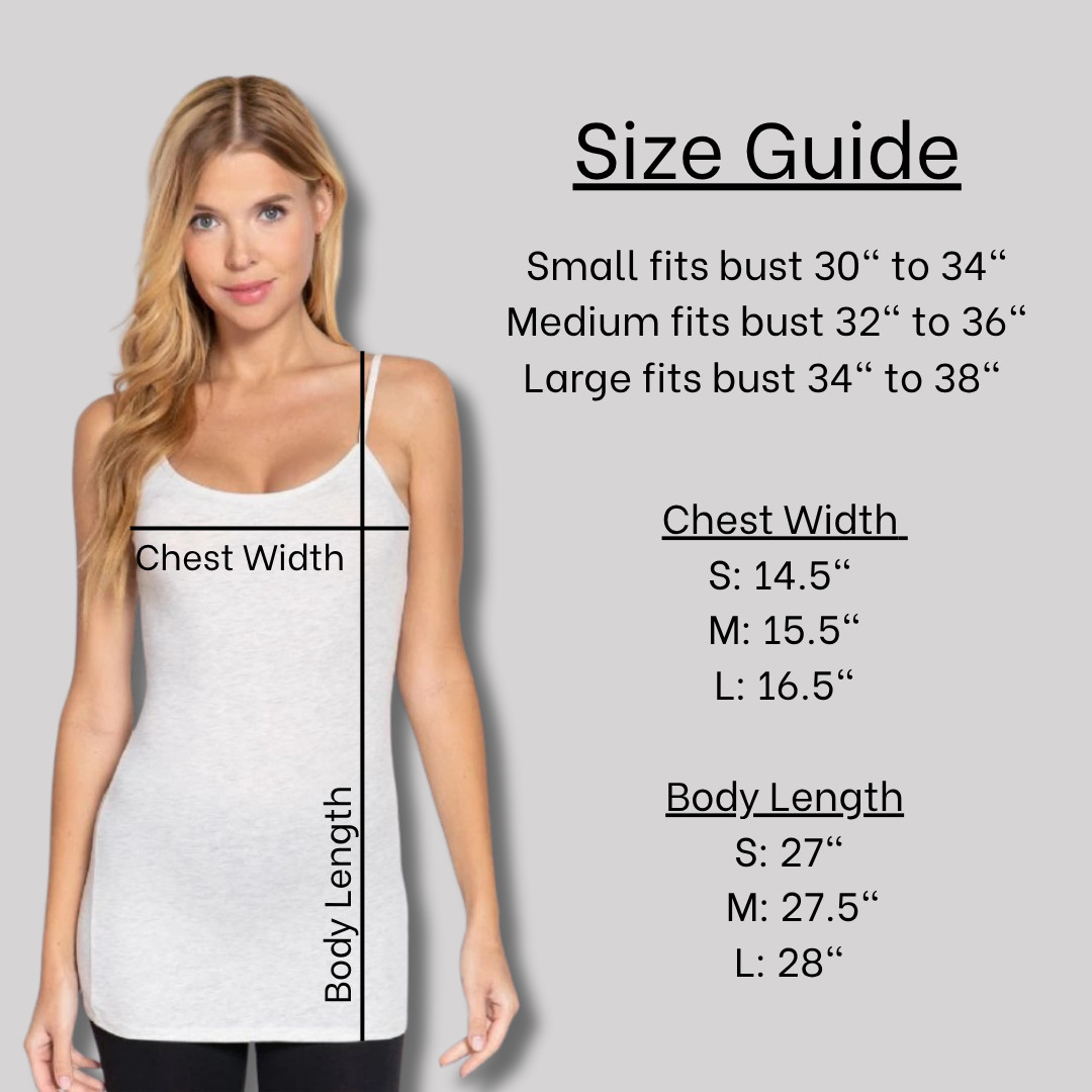 Women’s Long Cami With Built in Shelf Bra Spaghetti Straps Layering Tank Top