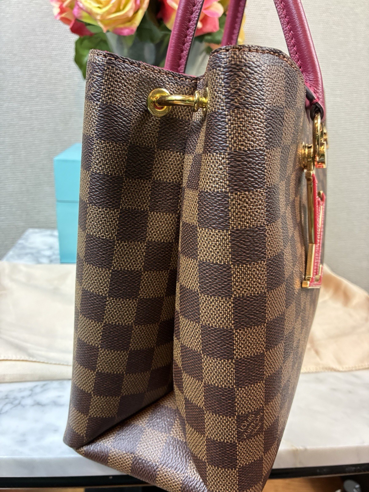 Louis Vuitton LV Damier Ebene Riverside Tote w/ Magenta Leather & LV Charm – NWT