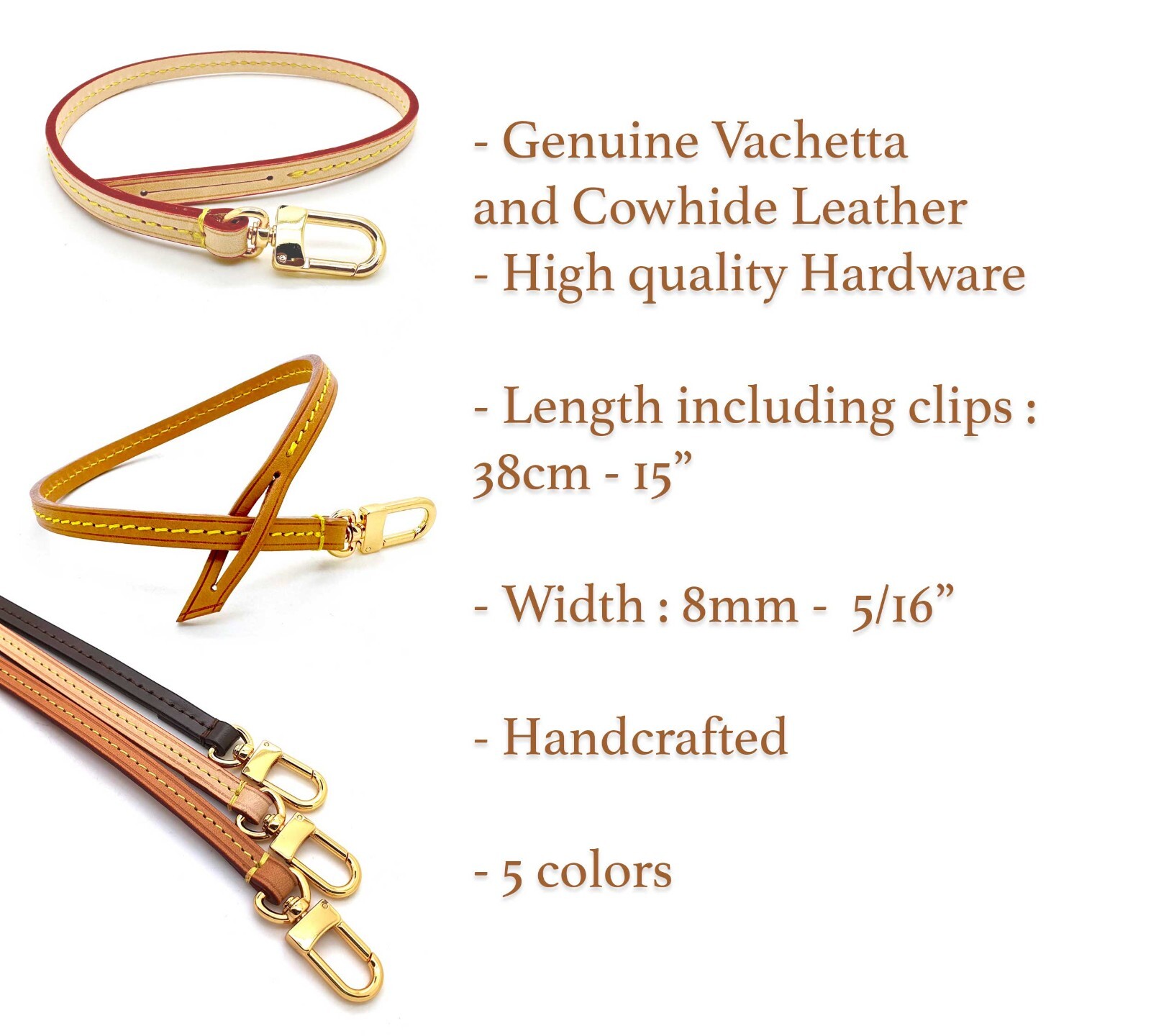 Vachetta Short Leather Wrislet handle strap wrist for Neverfull Pouch one clip