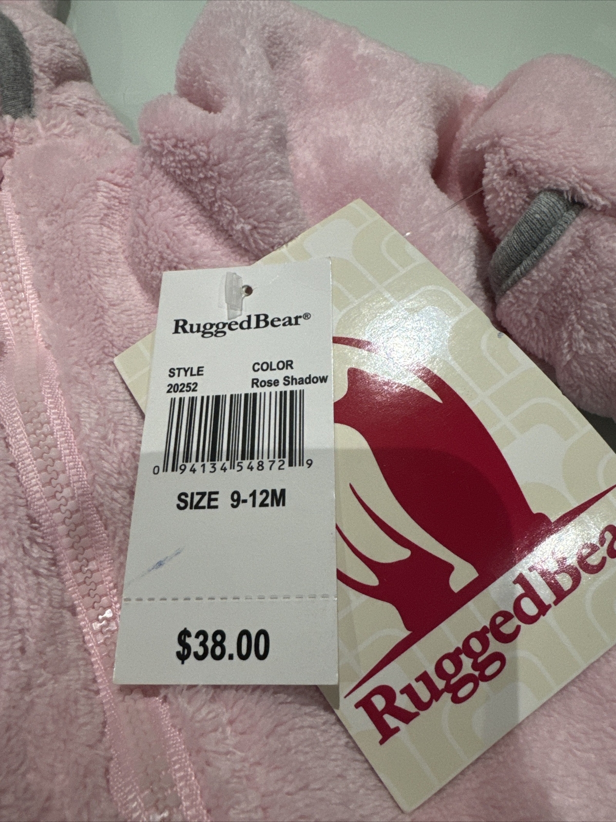 NWT Rugged Bear Hooded Sherpa Coverall, Size 9-12 months, pink foam $38.00