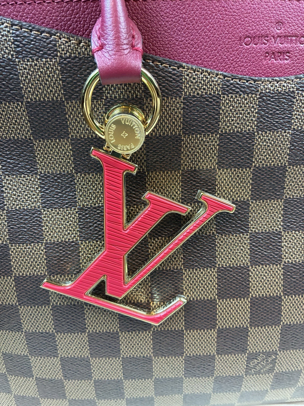 Louis Vuitton LV Damier Ebene Riverside Tote w/ Magenta Leather & LV Charm – NWT
