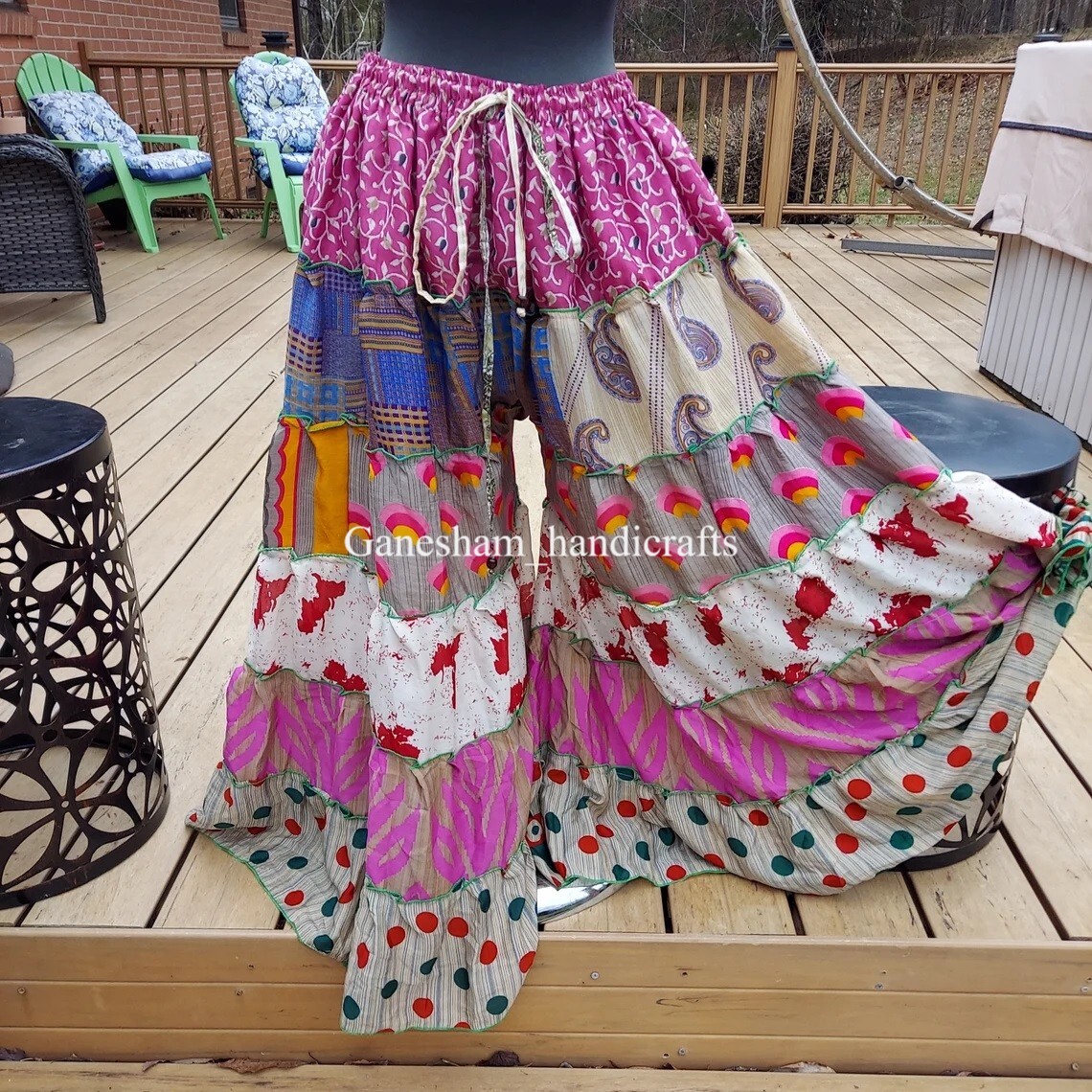 1 Pcs OF Indian Vintage Sari Printed Boho Gypsy Wide-Leg Palazzo Pants Trousers