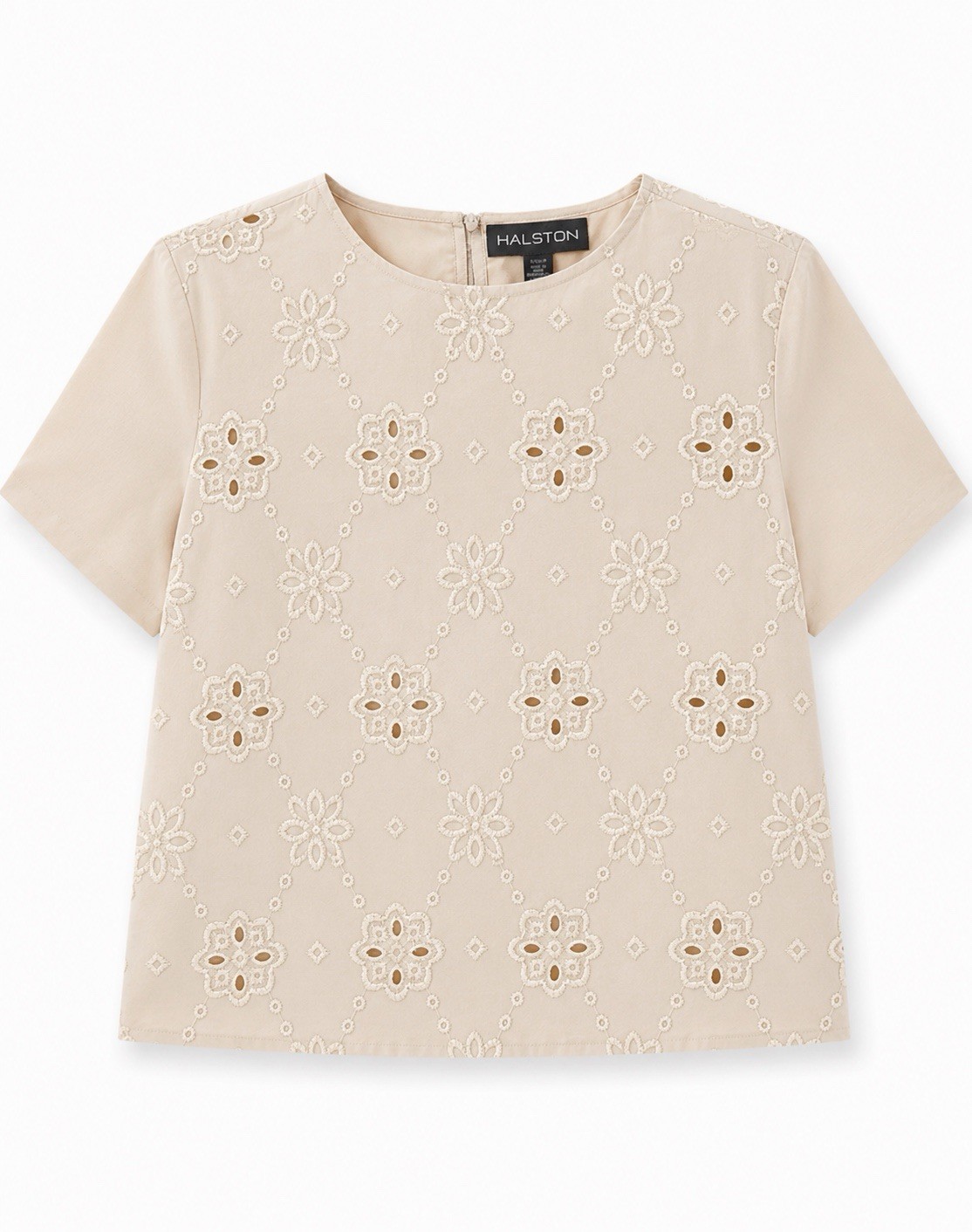 HALSTON Maternity M Beige Cotton Eyelet Floral Embroidered Blouse Zip