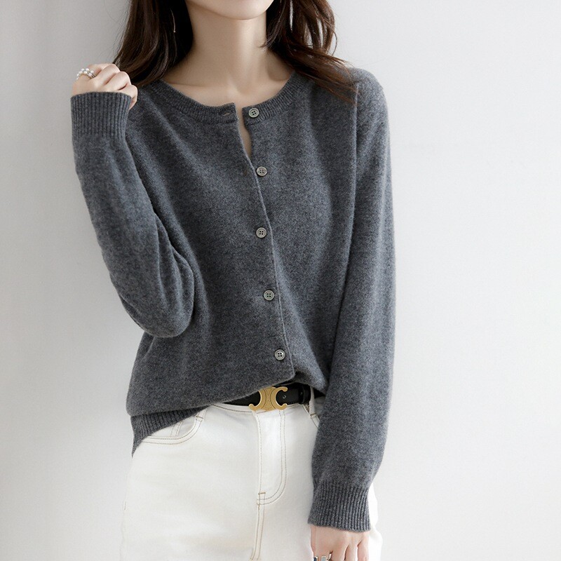 Women’s Cashmere Blend Cardigan Solid Color Sweater Simple Crew Neck Jacket Coat