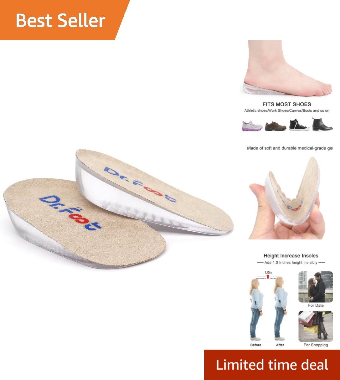 Dr.Foot Height Increase Insoles – Discreet Gel Heel Lift Inserts (1″ Height)