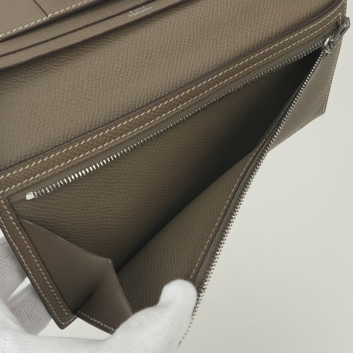 HERMES Bearn Soufflet Long Wallet Etoupe Gray Epsom Leather Silver HW