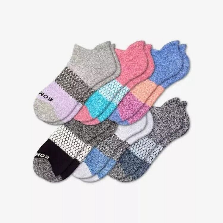 6 Pairs Bombas Women’s Tri-Block Marl Ankle Sock Size Medium 8-10.5 Original Tag