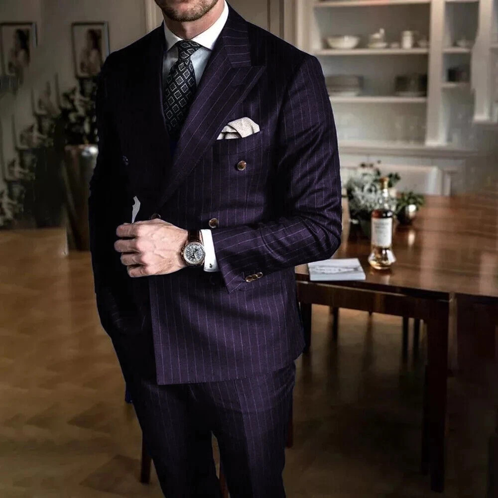 Chic Pinstripe Men’s Suits 2 Pieces Set Formal Double Breasted Peak Lapel Suit