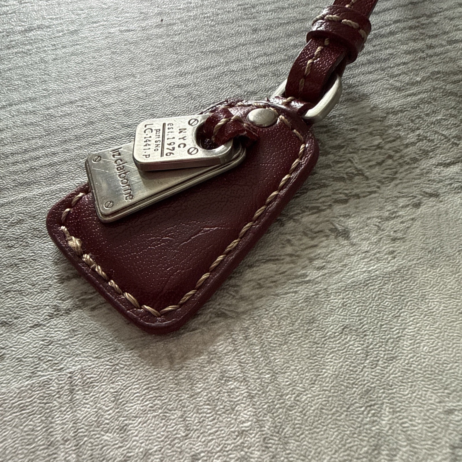 LIZ CLAIBORNE Vintage Red Leather Strap Buckle Fob Bag Charm Keychain Hang Tag
