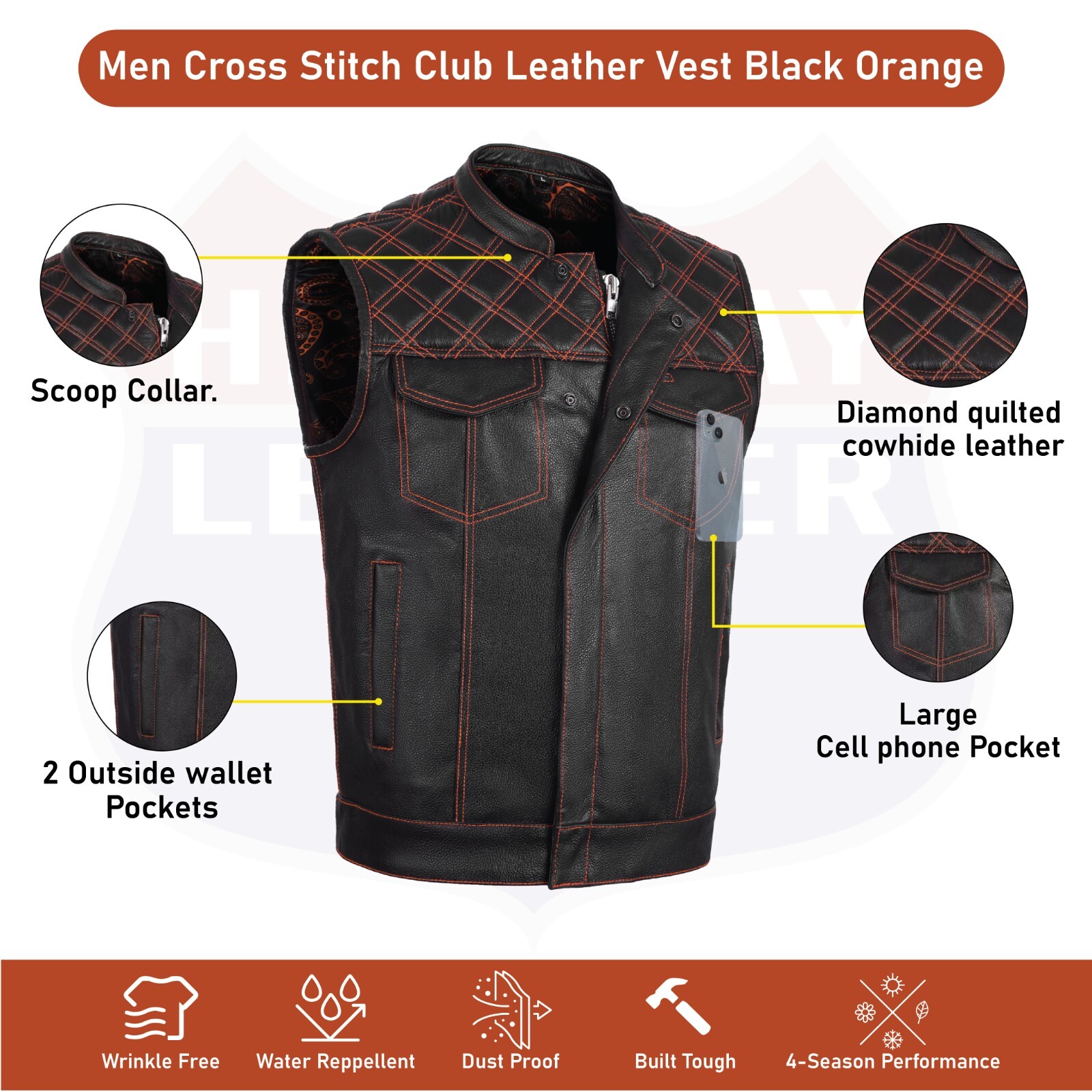 ORANGE HL11693SPTORANGE Black Men Cross Stitch Club Leather Vest