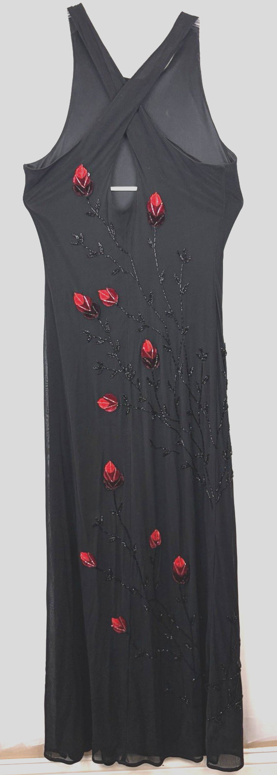 Y2K Cache Formal Dress Womens 10 Black Beaded Red Flowers Whimsigoth Event