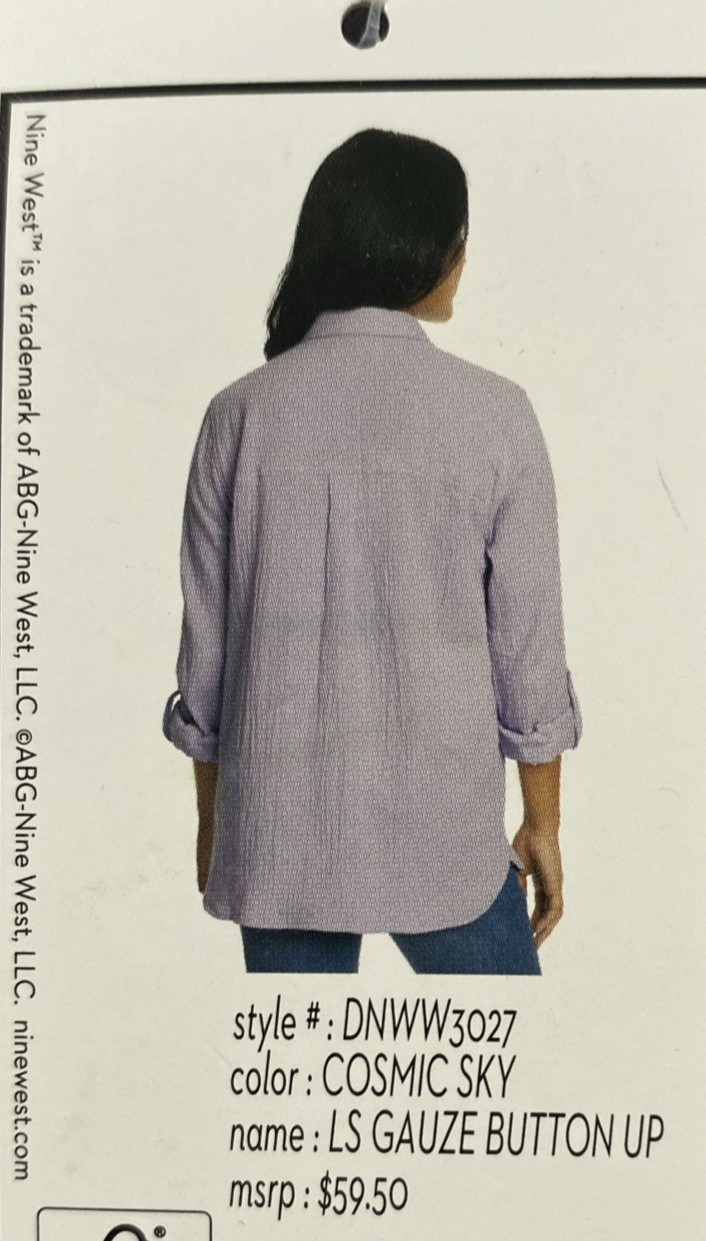 NWT Nine West Long Sleeve Chest Pocket High Low Hem Double Gauze Button Up