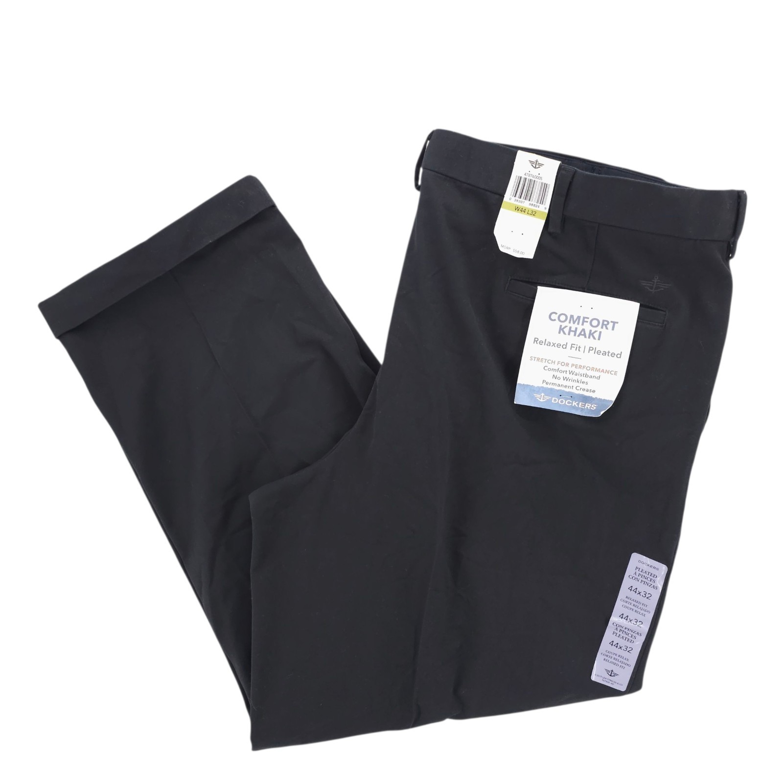 NWT DOCKERS Black Easy Khaki Relaxed Fit Pleated Comfort Waistband Cuffed 44×32