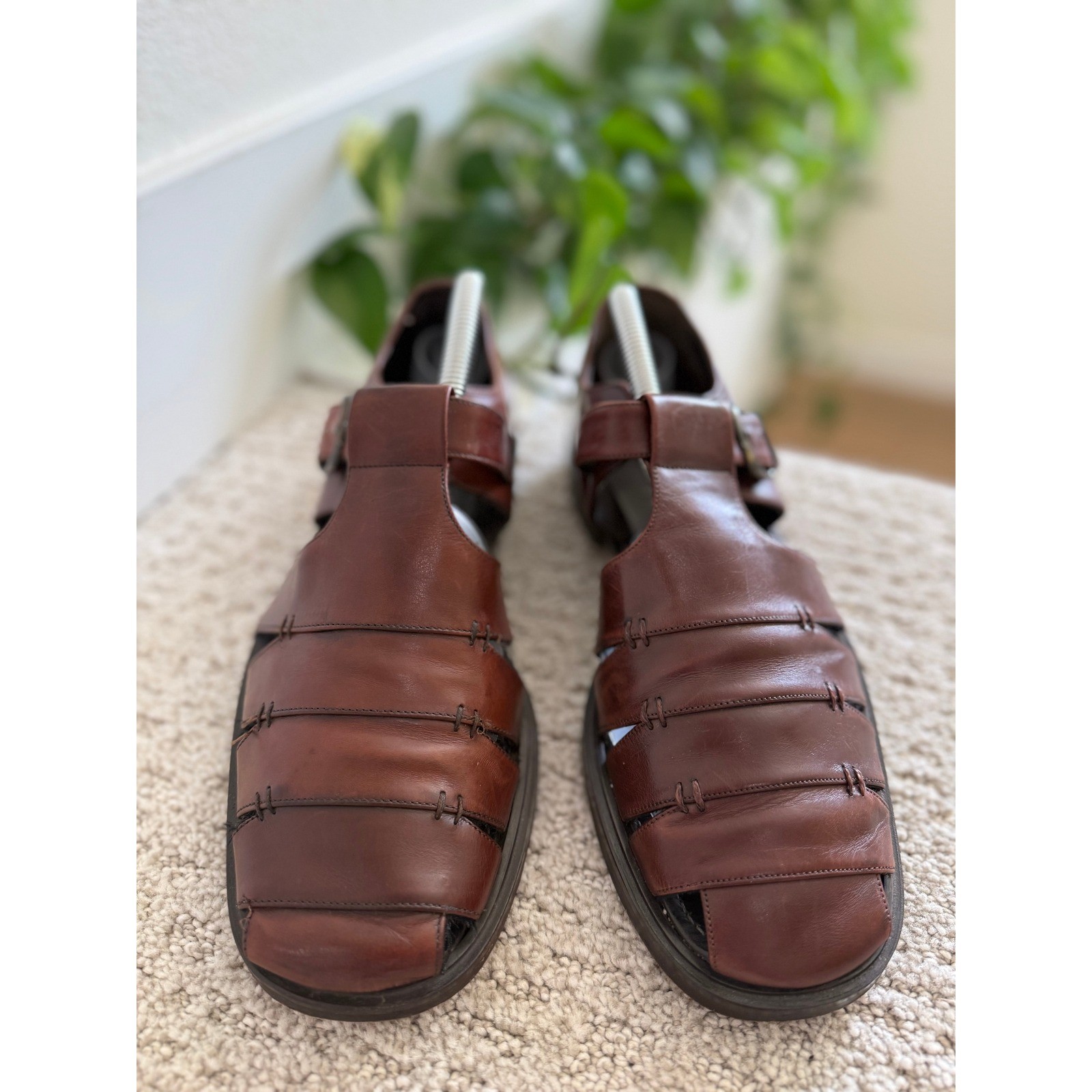VINTAGE Mezlan DIABLO Fisherman Sandals Men 8.5 Leather Handcrafted Spain WALNUT