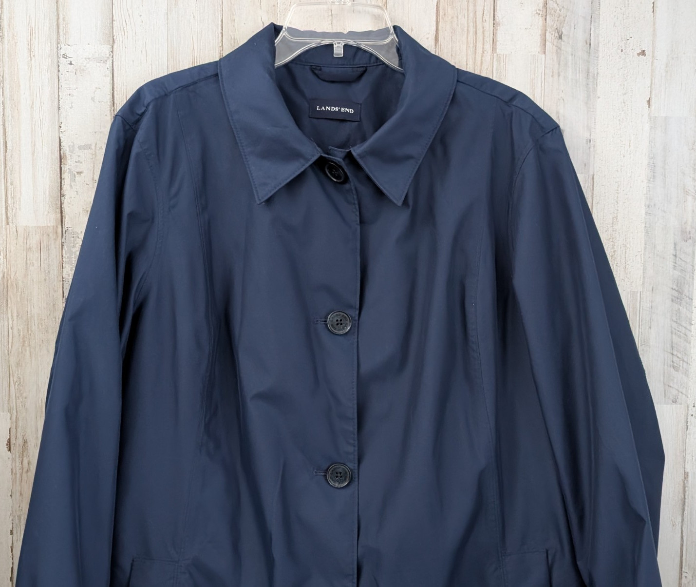 Lands End Long Rain Trench Overcoat Womans L Navy Blue Lined Pockets All Seasons