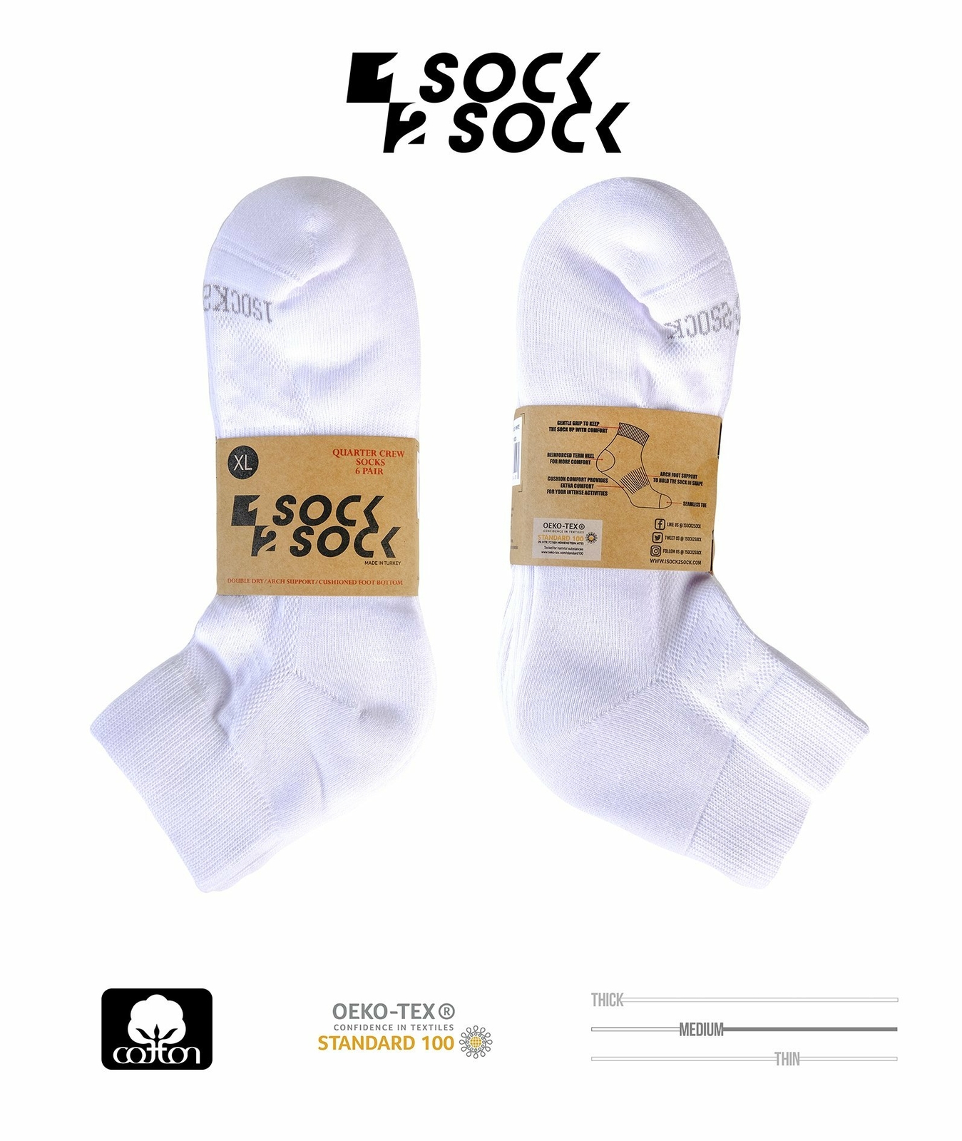 6 PAIR PREMIUM TURKISH COTTON ANKLE QUARTER CREW SOCKS WHITE