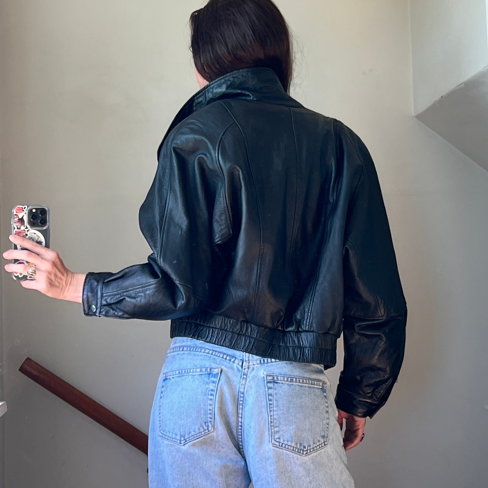 Vintage 80s Leather Jacket Black Cropped Statement Bomber Moto Biker 90s