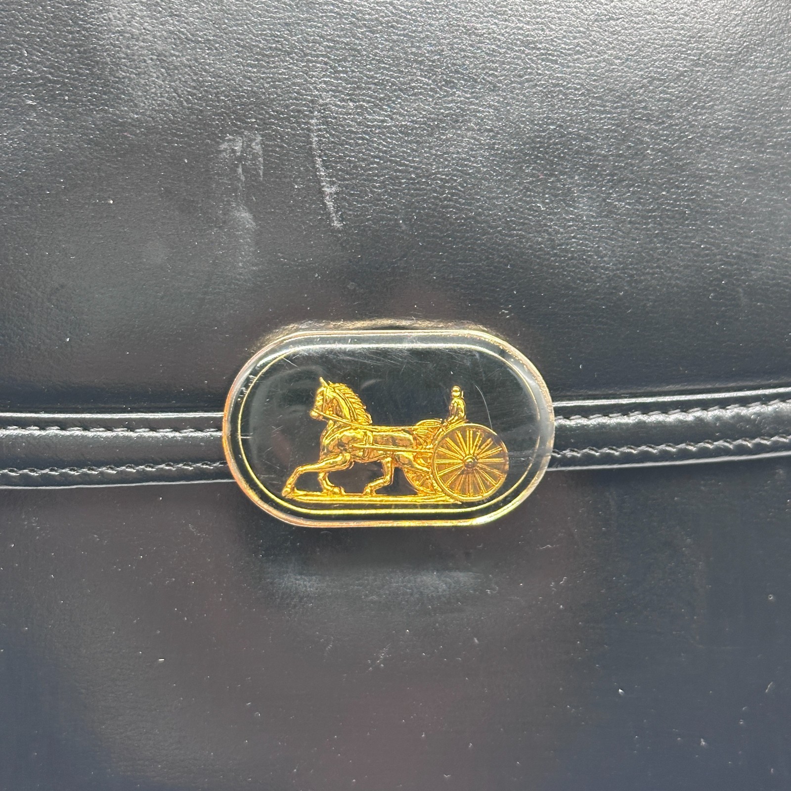 CELINE Shoulder Bag Handbag Horse Black Leather Carriage Purse Vintage Authentic