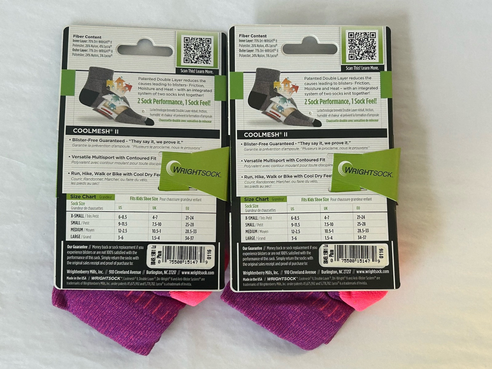 New Wrightsock KIDS Cool Mesh II Double Layer No Blisters 2-PAIR Size LARGE (U2)