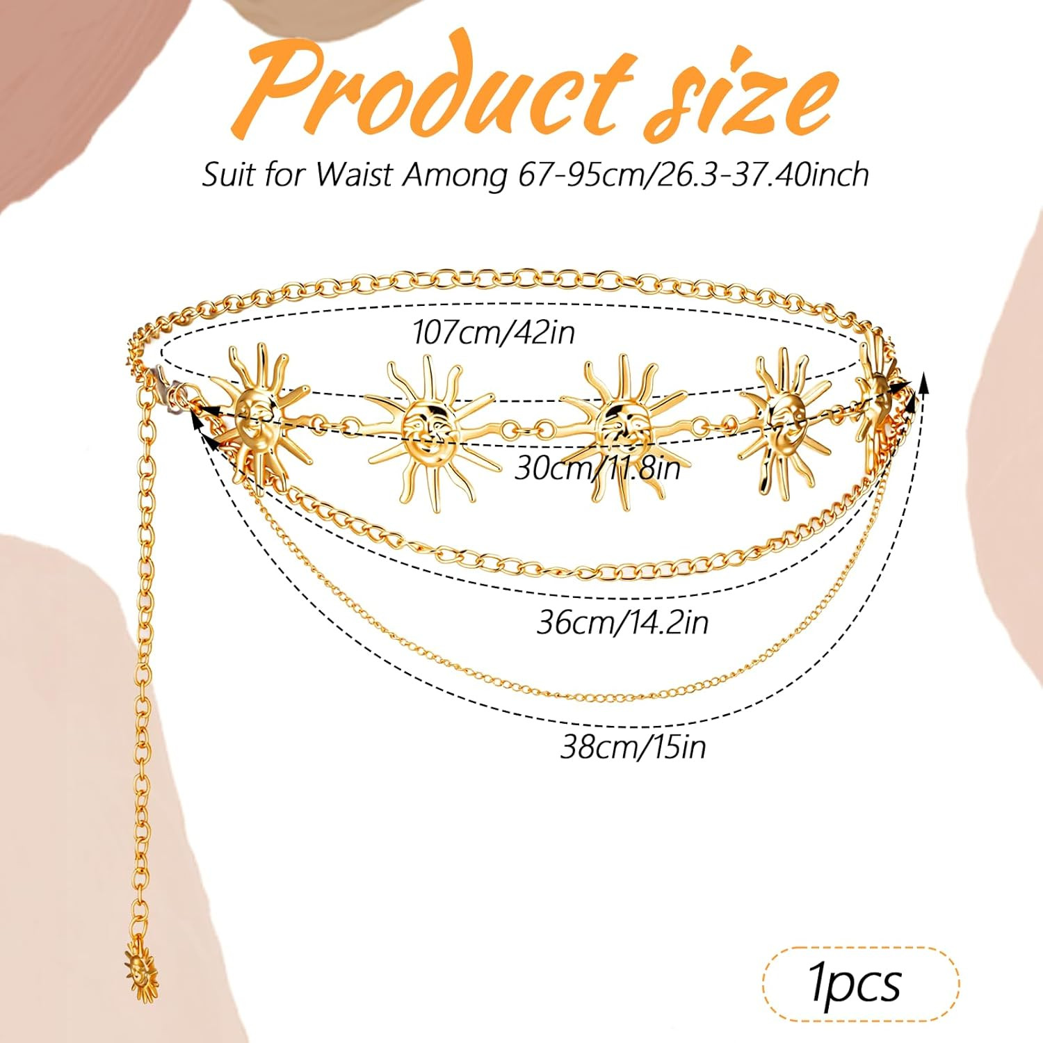 Women Waist Chain Belt Multilayer Metal Belt Gold Sun Adjustable Boho Waist Chai