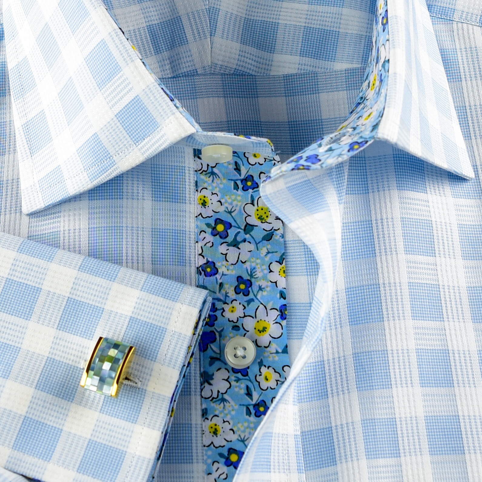 Blue Check Formal Business Dress Shirt Wih Cool Floral Inner Lining French Cuffs