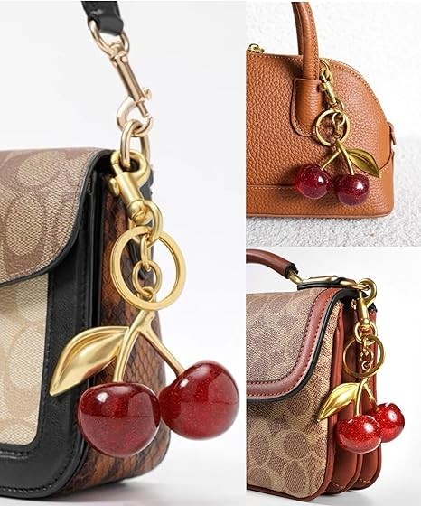 NEW Red Cherry Apple Bag Charm Keychain Resin Metal Brass Purse Decoration US