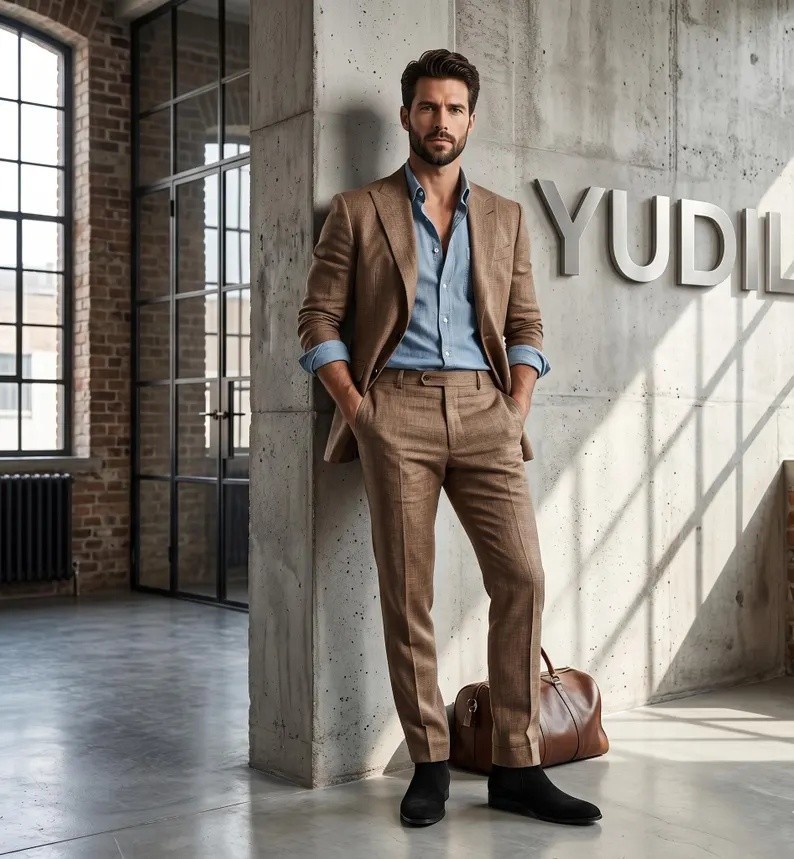 Men Brown Linen Feel Suit 2Pc Tailored Fit Summer Rustic Wedding Smart Casual