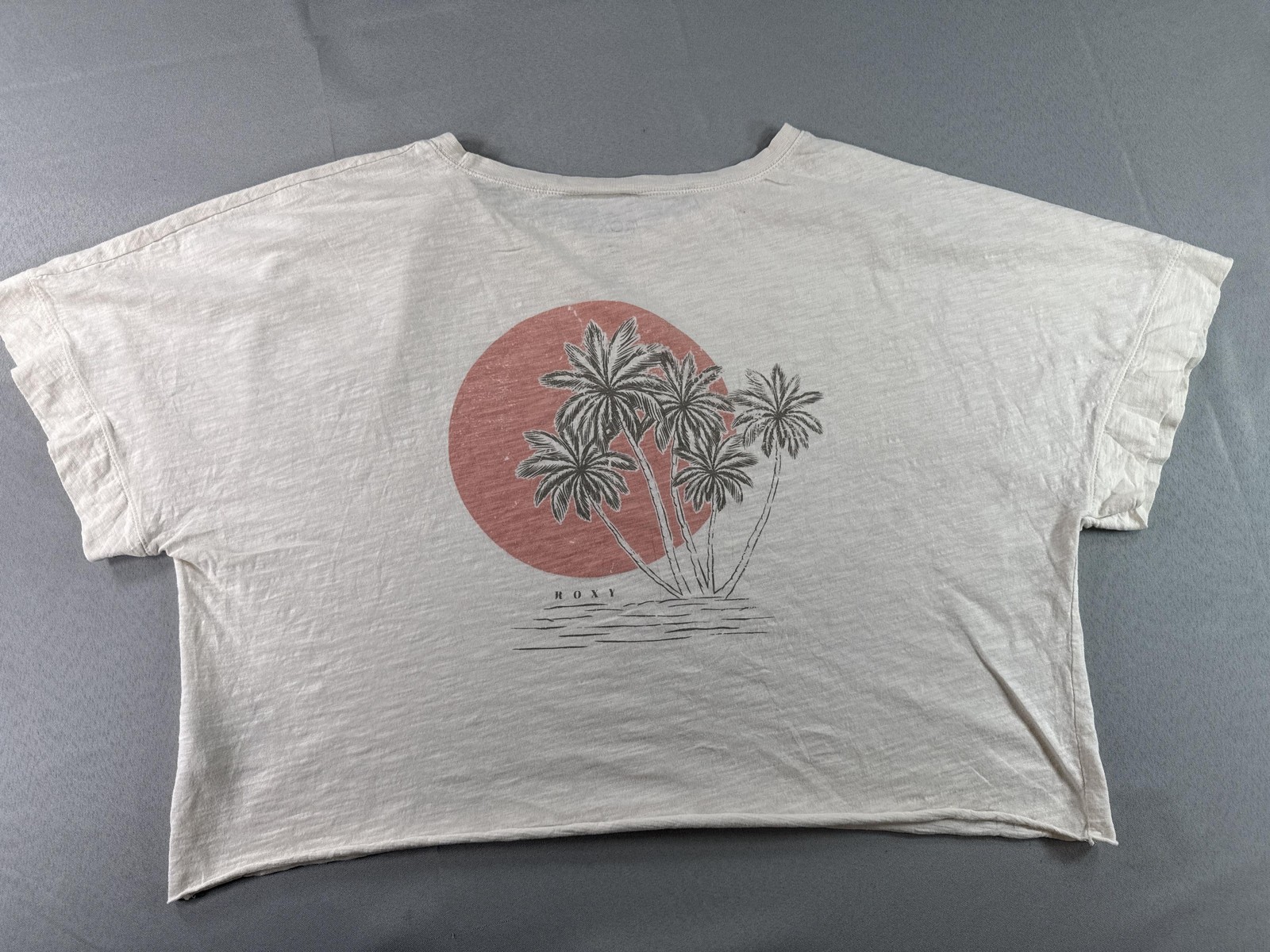 Roxy Womens Beige Graphic Tee Palm Tree Print Loose Fit Top 100% Cotton