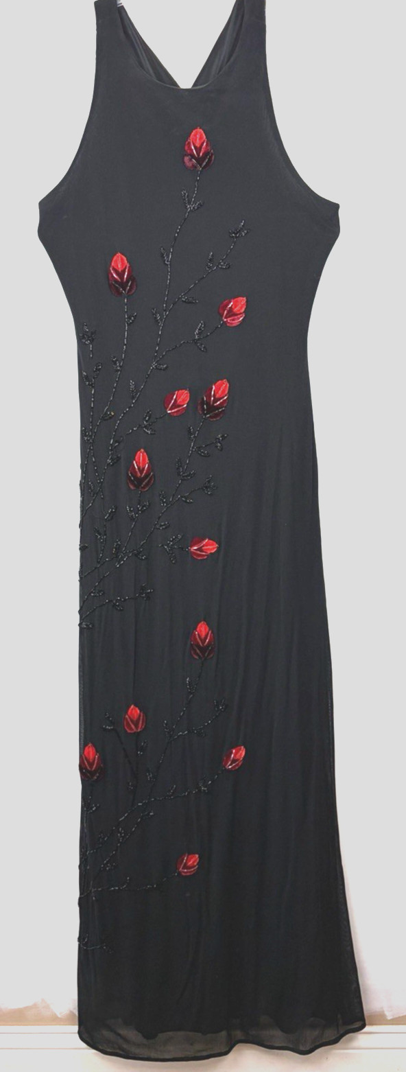 Y2K Cache Formal Dress Womens 10 Black Beaded Red Flowers Whimsigoth Event