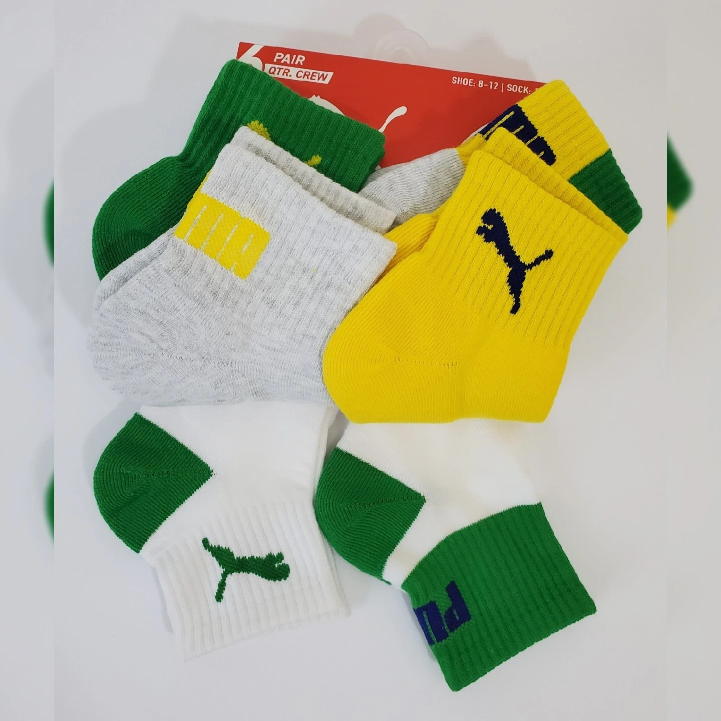PUMA QUARTER CREW MEN’S SOCKS 6 PAIR SIZE SHOE 8-12 SOCK 10-13 BRASIL SOCCER