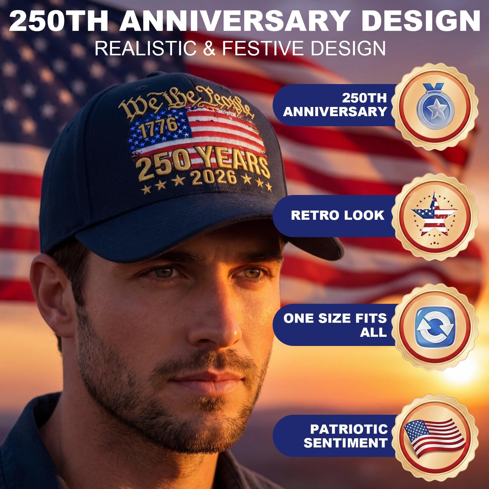 250th Anniversary USA Hat Patriotic Embroidered Baseball Cap Adjustable Anniv…