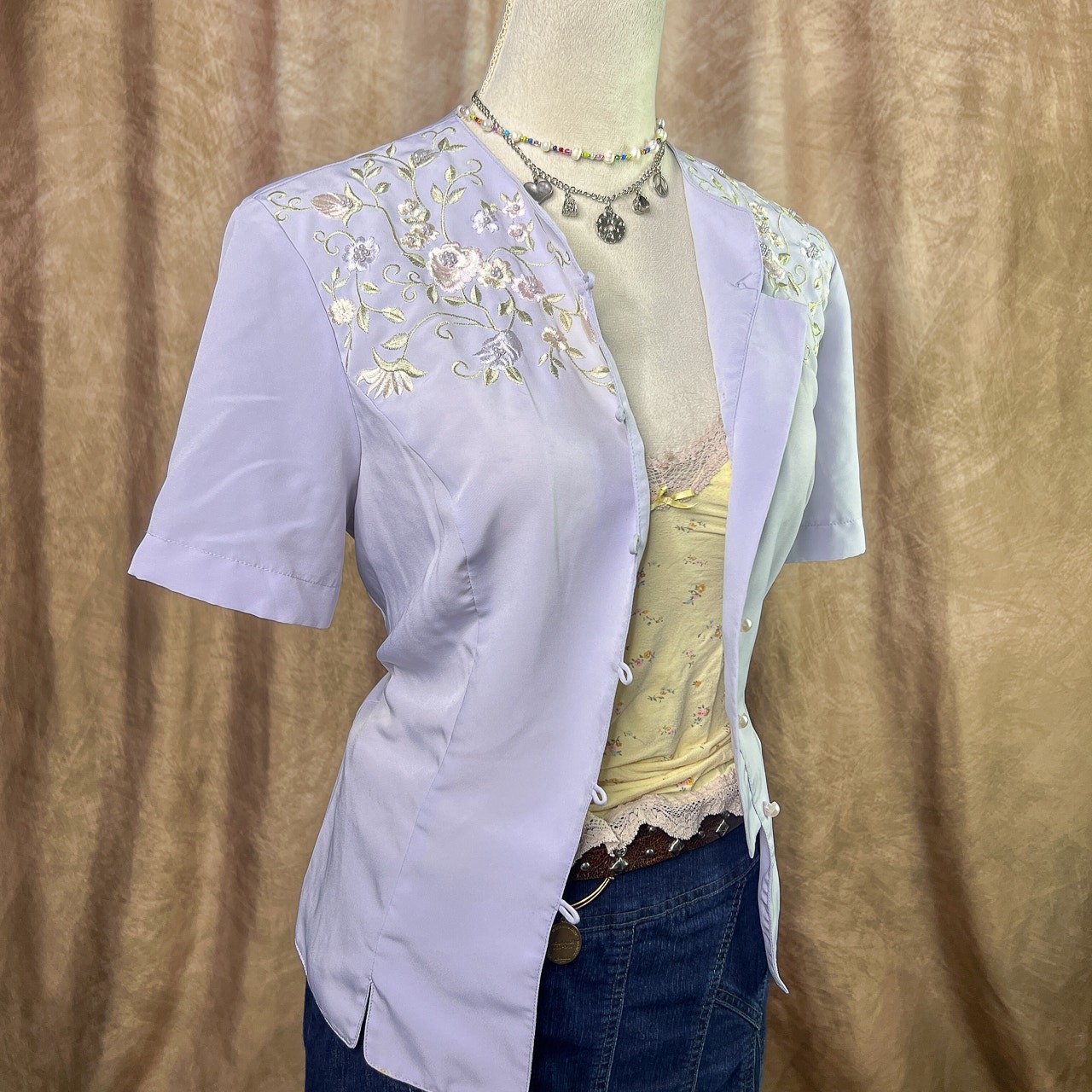 Vintage Floral Blouse 90s Embroidered Pastel Purple Renaissance Victorian Regal