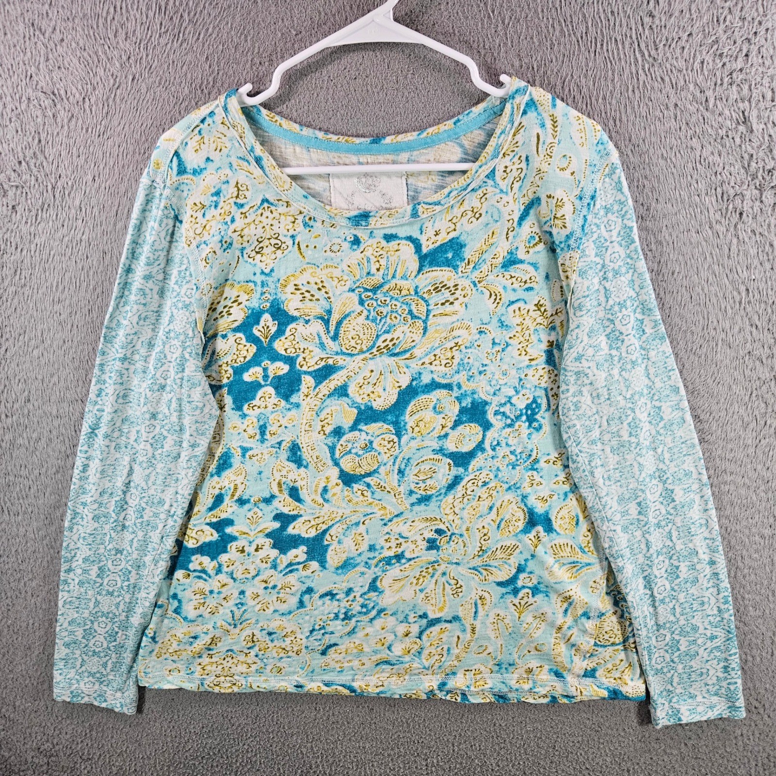 Cino Womens Blue Yellow Floral Paisley 100% Cotton Long Sleeve Top Large