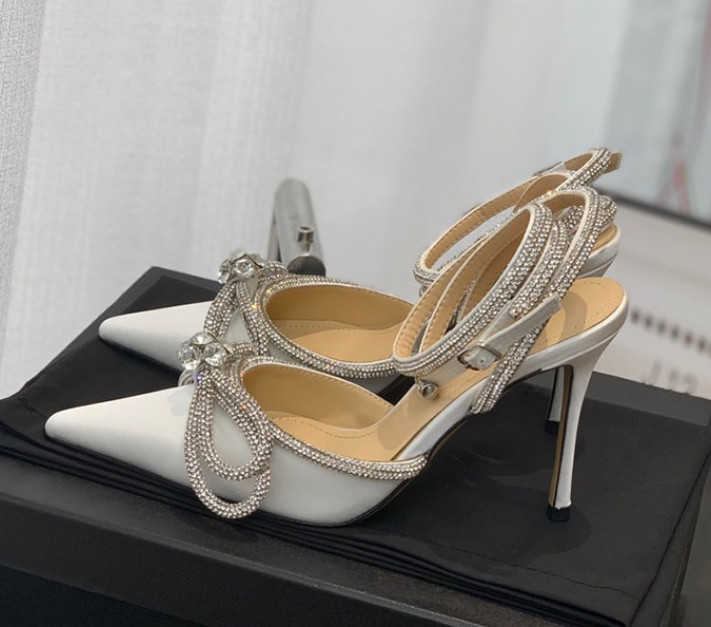 Women Rhinestone Ankle Strappy Pumps Bowknot Pointed Toe Stilettos Glitter Shoes