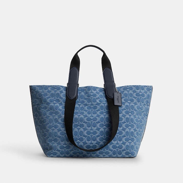 Coach Blue Signature Logo Tour Tote Double Handles Silver
