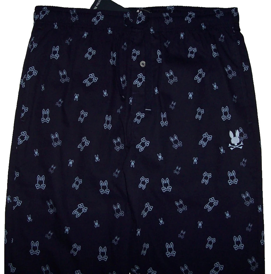 Psycho Bunny Men’s SZ M Navy All Over Logo Woven Poplin Pajama Pants